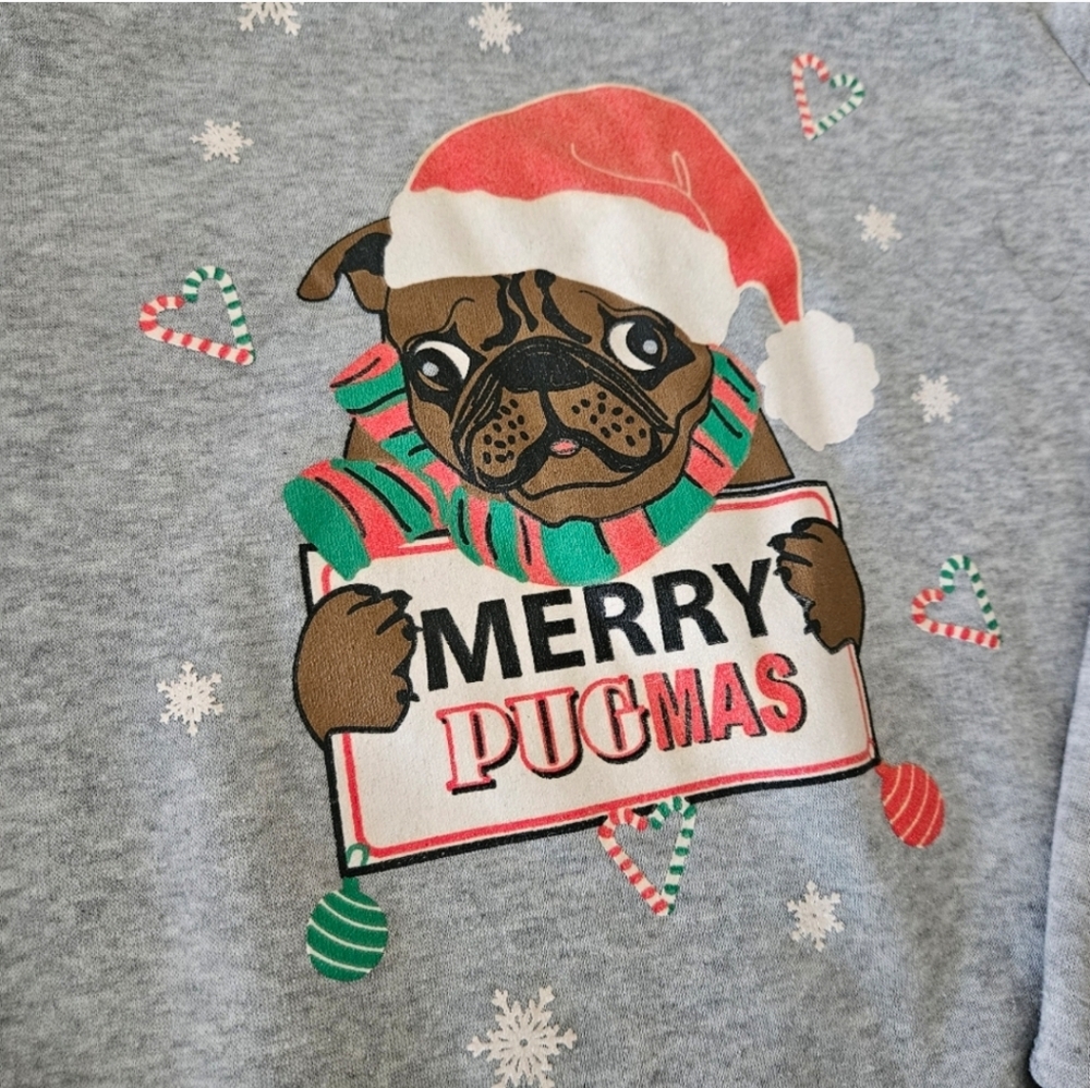 Christmas sweater Small gray merry pugmas crew neck  fleece lined - Picture 3 of 11